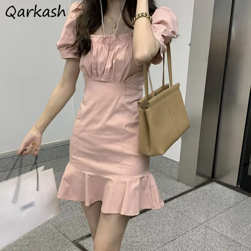 

Dress Women Soft Sweet Pink Korean Version High Waist Slim Square Collar Short Sleeve Ruffle Design College Stylish Tender 2021