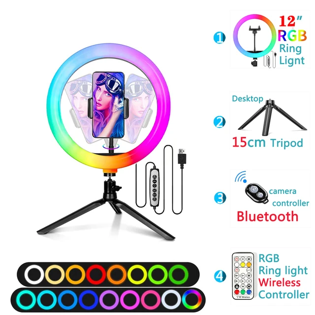 12in 30cm Selfie Ring Light RGB Tripod Phone Stand Holder Photography RingLight Circle Fill Light Led Color Lamp Trepied Makeup 12in RGB Type 5