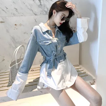 

LANMREM 2020 new turn-down collar full sleeves denim aptchwork waist belts shirt female blouse WL06405M korean clothing