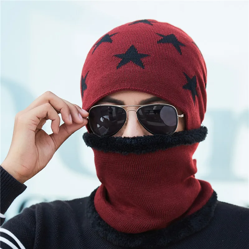 men hat set wine Женские зимние толстые вязаные шапки, шарфы, набор плюшевых воротников, теплая шапка-ушанка, шерстяной шарф, комплект из двух предметов для мужчин - Color: men hat set wine