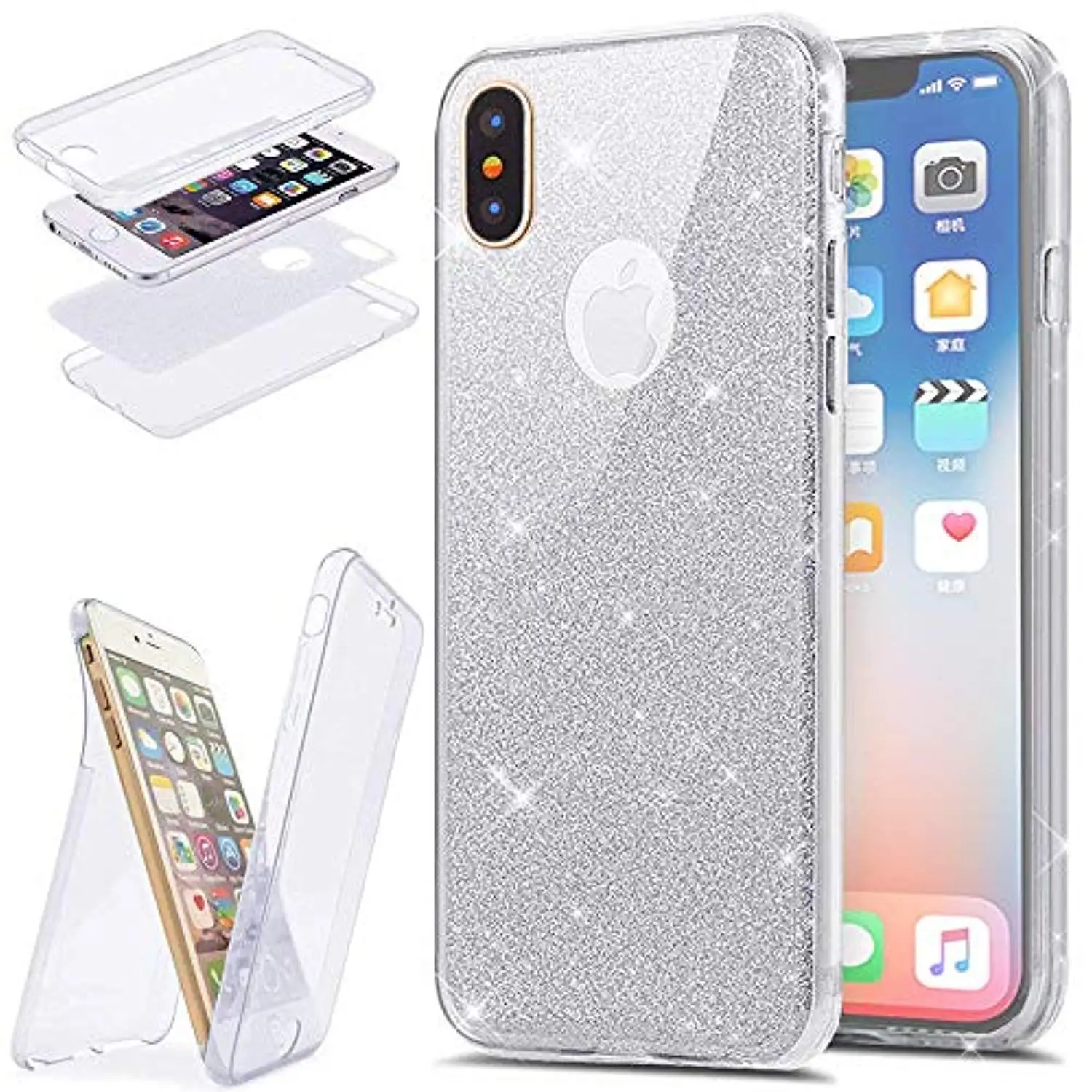 Glitter 360 3 in 1 Front + Back PC TPU Case for iphone XS MAX XR 5s 6 6s 7 8 Plus 11 Pro Cover Transparent Soft On Phone Cases |