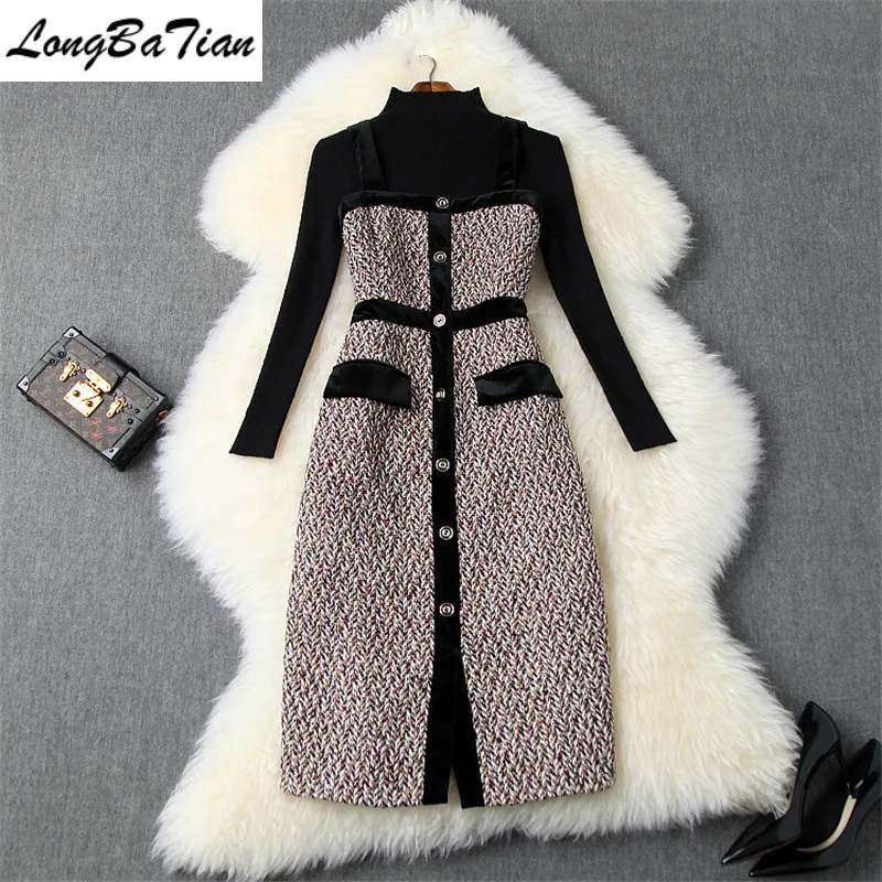 Winter Full Sleeve Turtleneck Sweater Tweed Velvet Patchwork Spaghetti Strap 2 Piece Women Patry Dress Set |