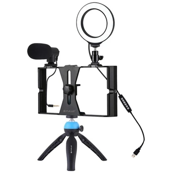 

PULUZ Portable Phone Tripod Stand with Microphone and Ring Live Holder Vlogging Kit Live Set for iPhone Android