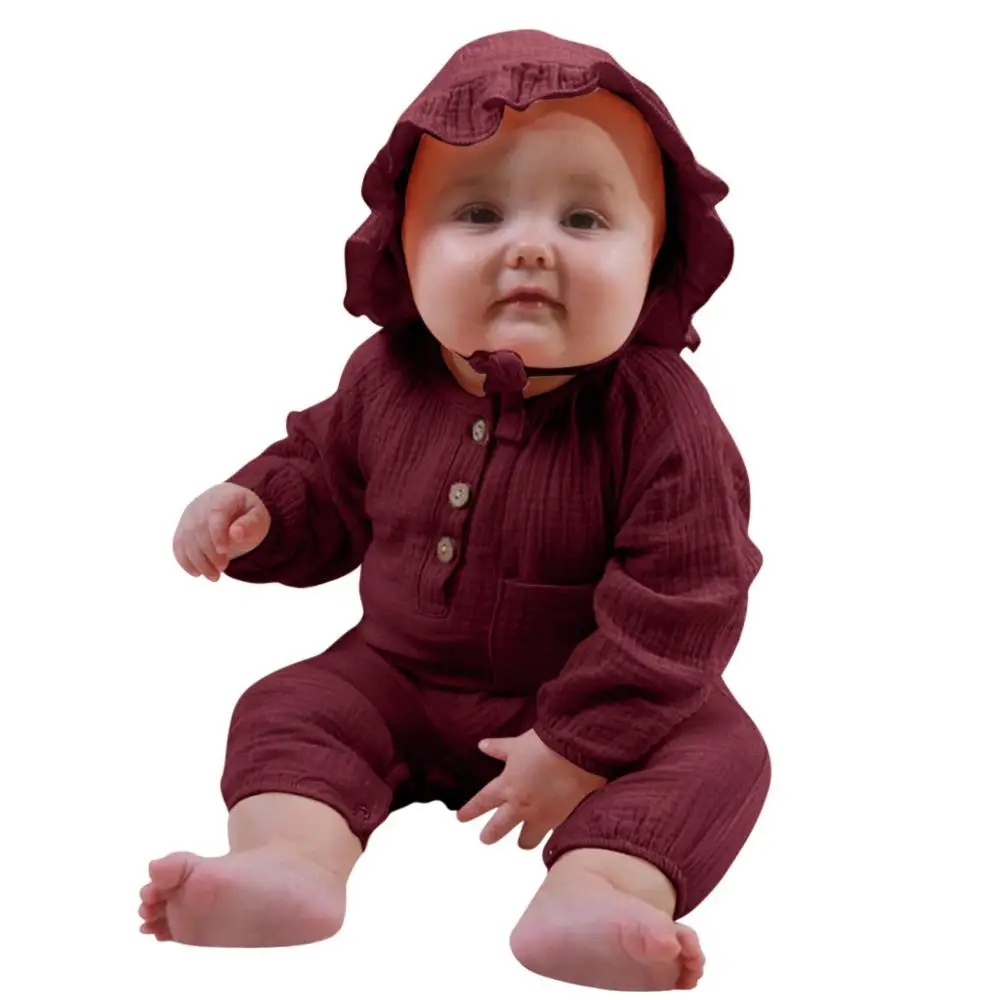 Комбинезон для малышей; комбинезон; осенняя одежда для маленьких девочек; Однотонный комбинезон с длинными рукавами+ шапка; комплекты одежды; navidad bebe;#35 - Цвет: Красный