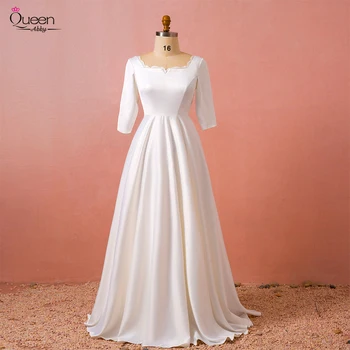 

Simple Classic Stain Wedding dress Floor-length Square Neck A-line Half Sleeves Dress Zipper-up Dress for Wedding