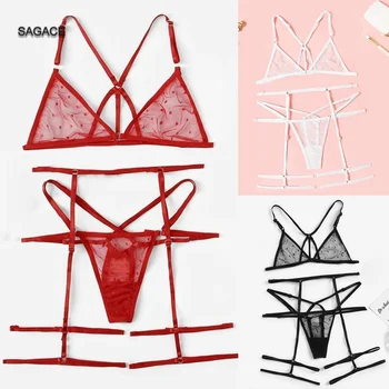 

Sexy Exquisite Lace Lingerie Bra and low-Rise Briefs With Garter Set Babydoll Cut-Out Underwear Nightwear Girlfriend Present F57