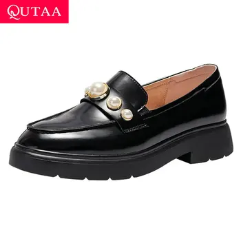 

QUTAA 2020 Square Middle Heel Quality PU Leather Slip on Women Single Shoes String Bead Platform Round Toe Women Pumps Size34-39
