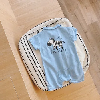 

2020 Summer Baby Boys Girls Cartoon Short Sleeve Lapel Soft Denim Jeans Rompers Infant Girls Casual Jumpsuits Kids Outfits