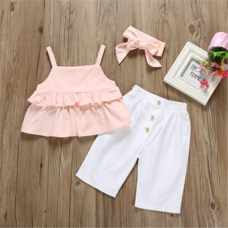 US Stock Summer Toddler Baby Girl Ruffle Sling Crop Tops Wide Leg Long Pants Headband Sweet Kids 3PCS Outfits Cotton Set 1-6Y