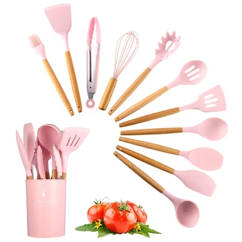 

11PCS/SET Pink Cooking Tools Set Premium Silicone Kitchen Cooking Utensils Set with Storage Box Turner Tongs Spatula Soup Spoon