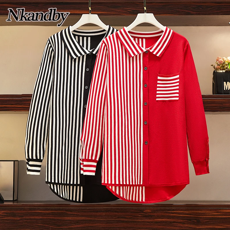 Cardigan Oversize Plus-Size Women Sweaters Turn-Down-Collar Korean-Tops Loose-Pockets