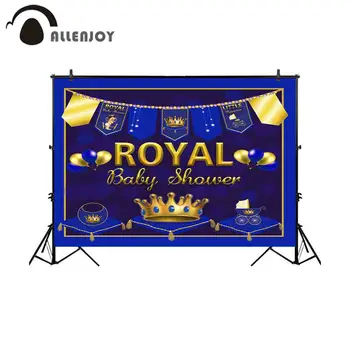 

Allenjoy Royal Photocall Flags Balloons Grown Baby Carriage Blue Bokeh Party Celebrate Supplies Baby Shower Prince Banners Decor