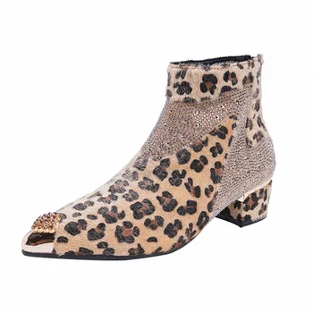 

Womens Metal Pointy Toe Leopard Pattern Rhinestones Ankle Boots Block Heel Shoes Mixed Colors New 2020