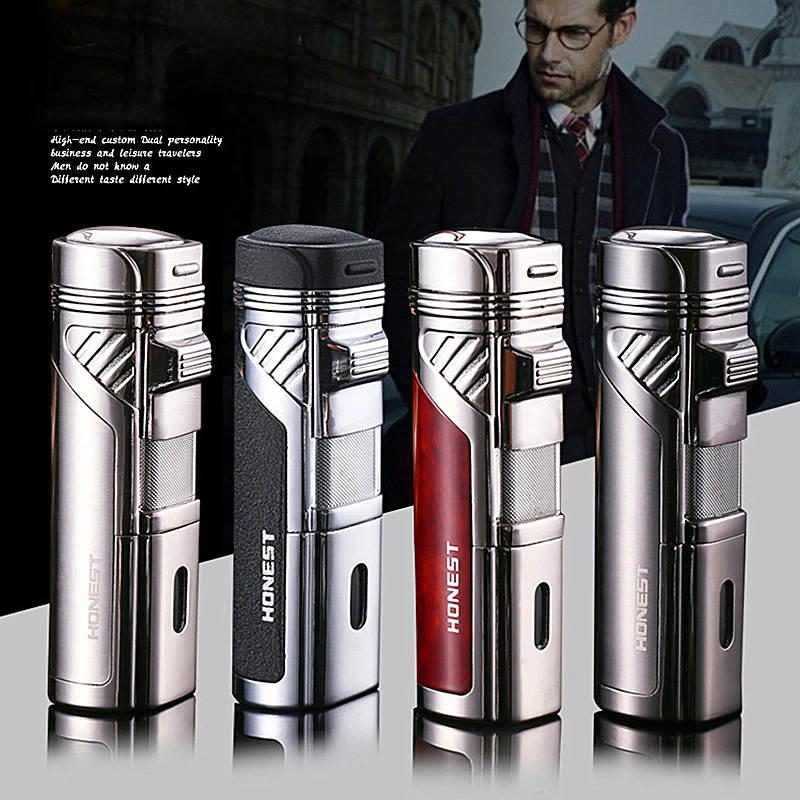 Jet Lighter Windproof Turbo Quadruple Flame Gas Butane Refillable Torch Lighter with Punch and Butane Window Cigar lighter