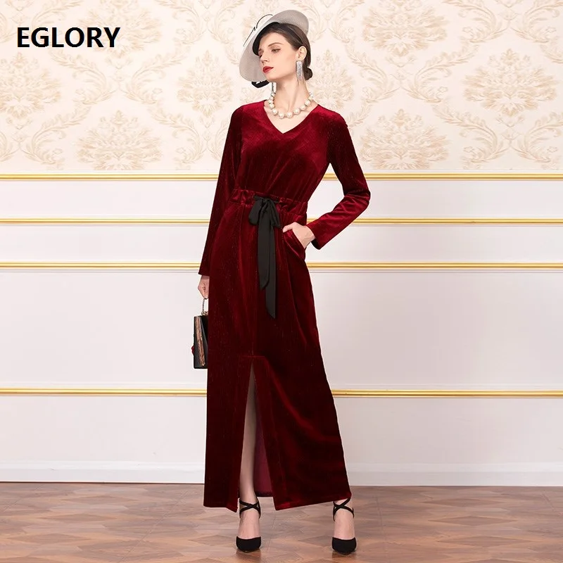 

Velvet Long Dress 2019 Autumn Winter Evening Vestidos Women V-Neck Drawstring Waist Pocket Patchwork Split Sexy Dress Female