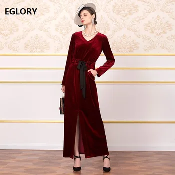 

Velvet Long Dress 2019 Autumn Winter Evening Vestidos Women V-Neck Drawstring Waist Pocket Patchwork Split Sexy Dress Female