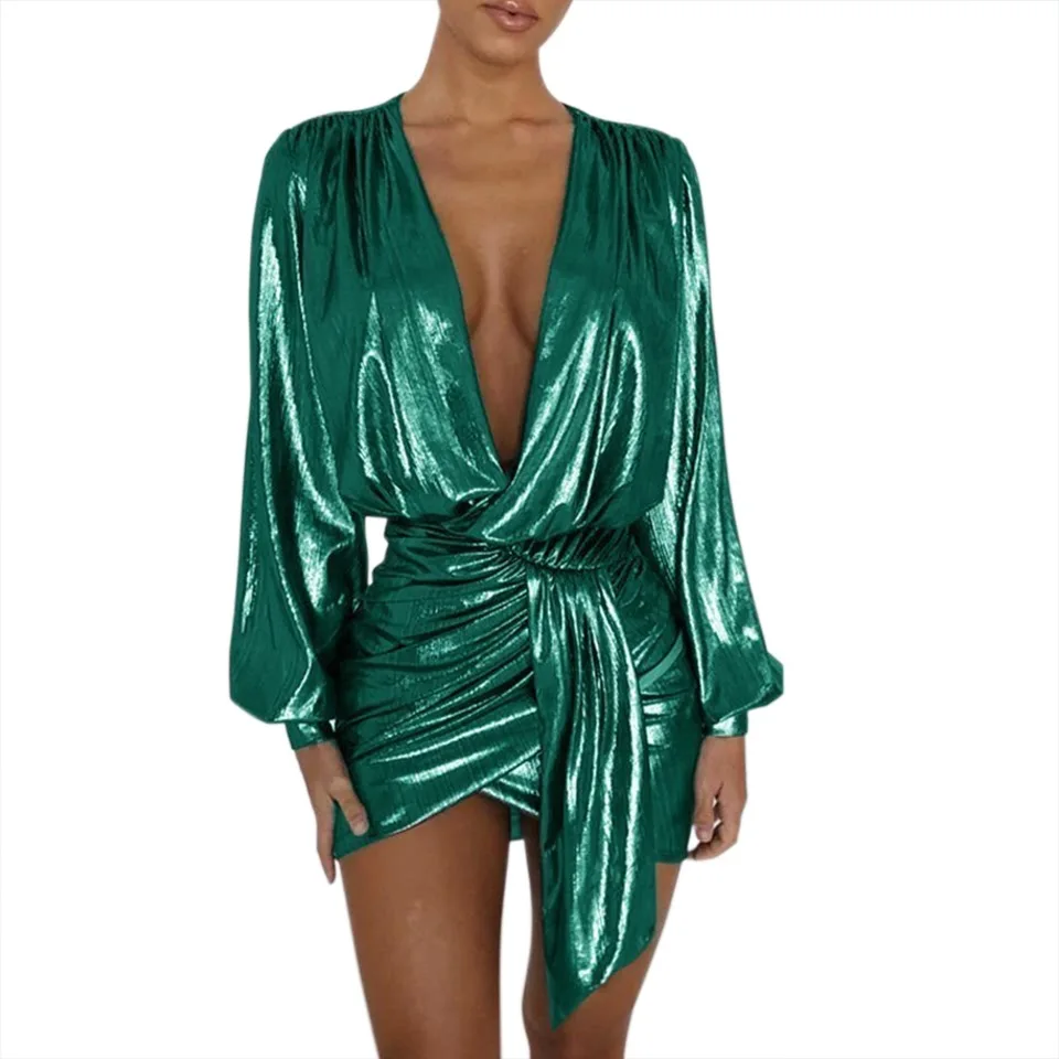 

Sexy Sheath V-Neck Asymmetrical Solid Long Sleeves Mini Party Dress Women Fashion Night Club Flare Sleeve Short Dance Dress