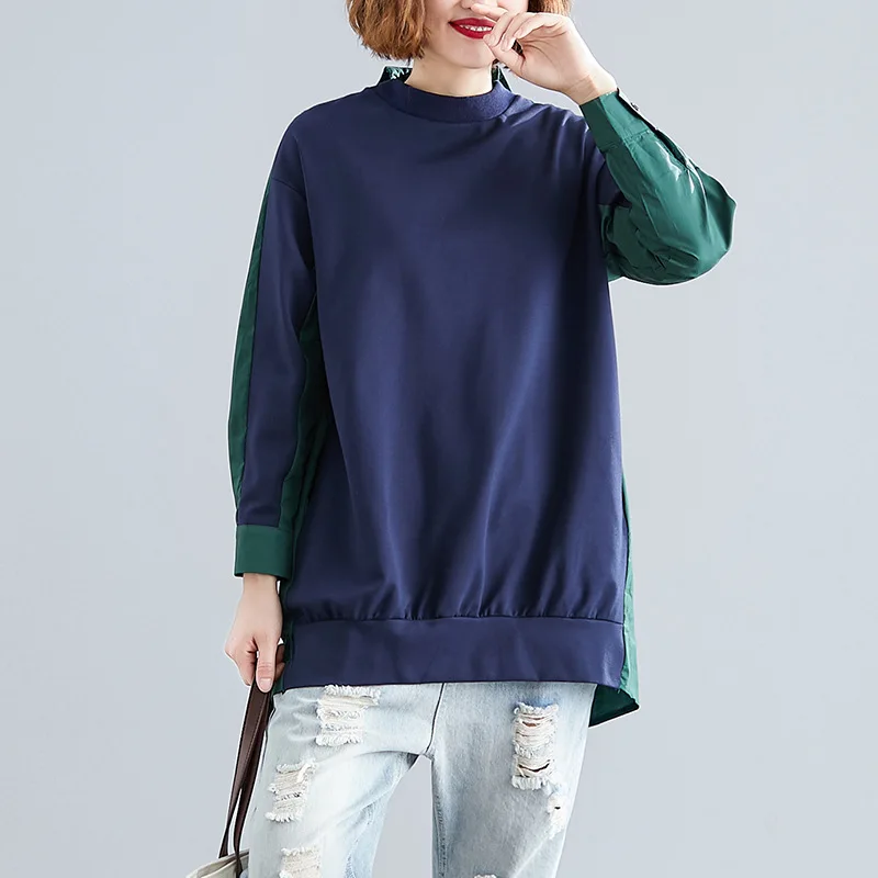 

Johnature Autumn Casual Patchwork Color Women Tshirt 2019 New Loose O-neck Long Sleeve Comfortable Tops Plus Size Korean Clothes