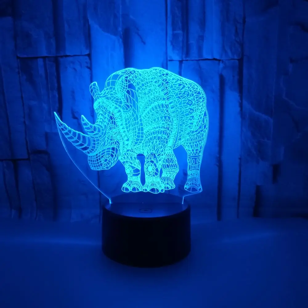 

New 3D Rhinoceros Lamp Night Light LED Bulb 7 Colors Changing Creative Vivid Gifts For Kids Baby Touch Remote Base Acrylic Plate