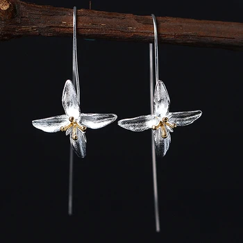 

Genuine 925 Silver Earrings Elegant Flowers Fashion Ethnic Style For Women Long Earrings Fine Jewelry Gift