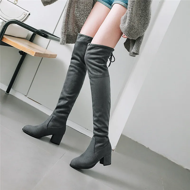 

2018 Women Knee High Boots Flock High Block Heel Long Tight Tall Ridding Boot Black Gray Plus Size Botas Ladies Shoes