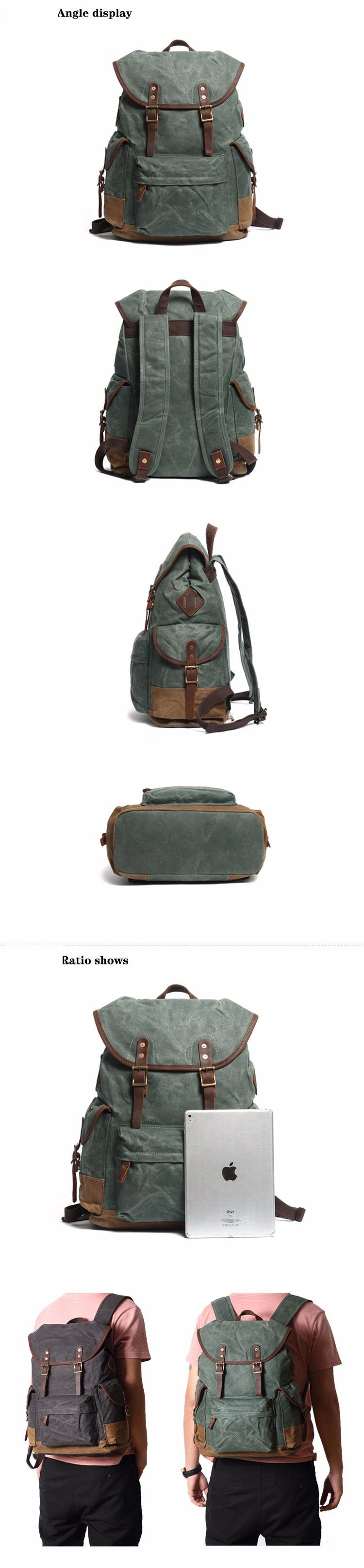 Backpacks Male Leather Genuine Waxed Canvas Backpacks Travel Backpack Waterproof Canvas Backpack Rucksack Travel Outdoor