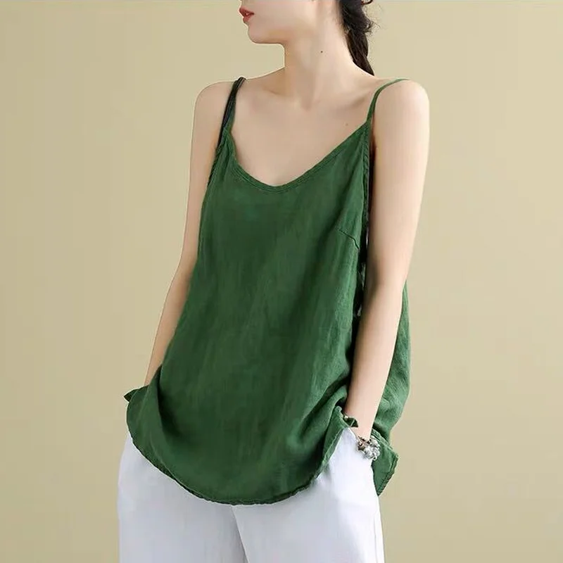 Women's Summer Top Cotton Linen Spaghetti Strap Top Women Halter V Neck Basic Yellow Sleeveless Tank Tops Loose Casual Camis 6