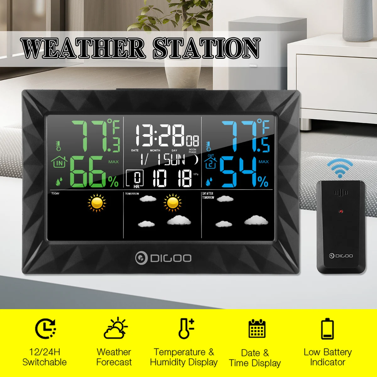 

DIGOO DG-8270A Indoor Outdoor Weather Station + 100m Forecast Sensor Thermometer Hygrometer Meter Calendar 3CH Backlight