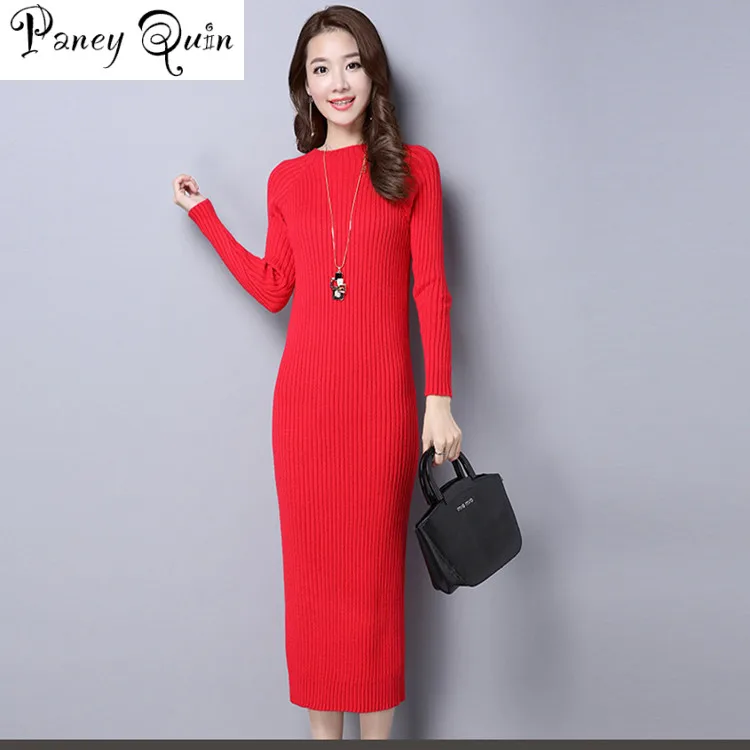 Skup Zimowy sweter sukienka over the knee długi pure color kobiety sukienki elegancki sweter z miękkiej dzianiny sukienka Bodycon slim, midi Vestidos