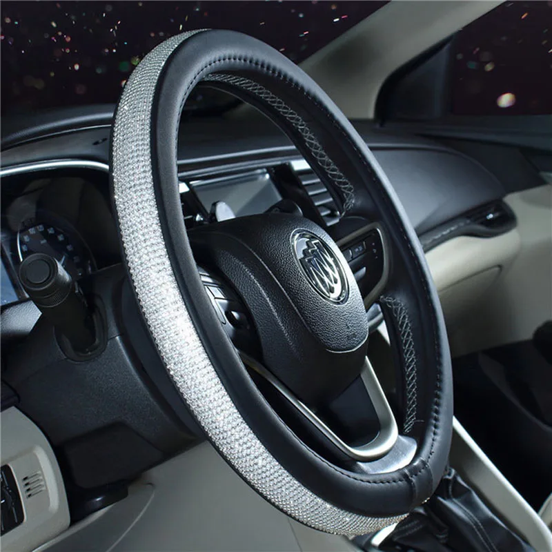 Baratos 37 38 cm de lujo de cristal del volante del coche cubre la cubierta de cuero de la PU del diamante accesorios interiores del coche para las mujeres señora