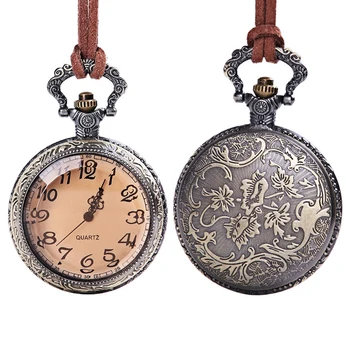 

Vintage Bronze Emboss Brown Pocketwatch Flip Transparent Cowhide Faux Leather Chain Round Dial Arabic Number zegarek damski Vi