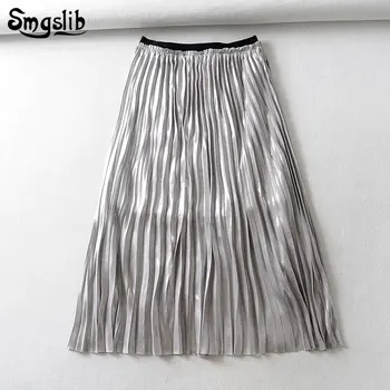 

2019 Fashion New Spring Autumn skirt england style elegant silver pressed pleated elastic waist vintage mid-calf long skirts