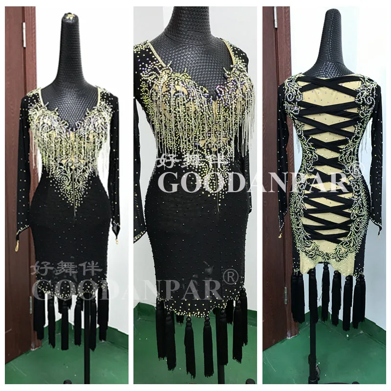 

Платье для латиноамериканских танцев GOODANPAR, женское, для девочек, из лайкры, танцевальная одежда, сальса, Самба костюм для румбы, с боди, бюстгальтер с длинным рукавом