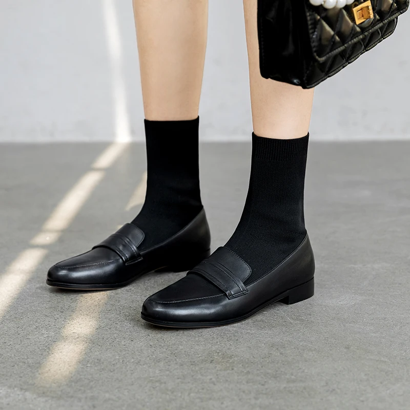 Women's genuine leather Stretch knitting patchwork slip-on flats autumn ankle boots leisure soft comfortable short booties shoes