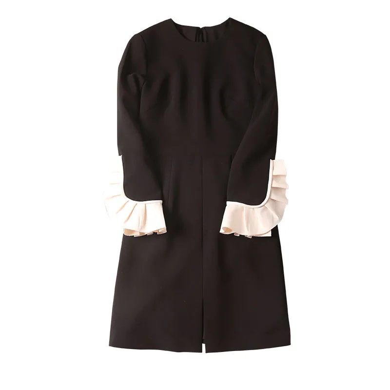 Women plus size dress XXL new winter designer vintage French style color block ruffles flare long sleeve black dresses