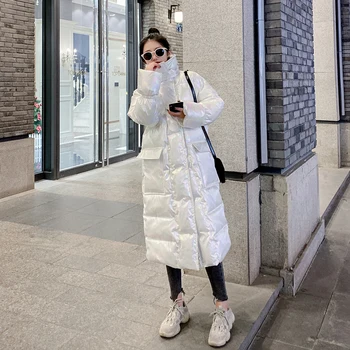 

Fashion White Glossy Down Cotton Jacket Ladies Winter Jackets 2020 Long Thick Warm Padded Jacket Women Parka Loose Outwear H458