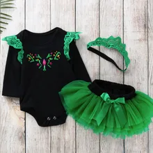 Детские подарки принцессы, боди с кружевными рукавами для новорожденных, повязка на голову с короной, зеленое Очаровательное платье, комплекты одежды для маленьких девочек, рождественские наряды