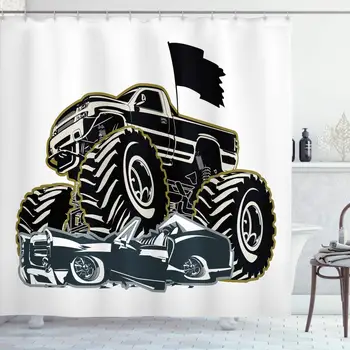 

Monster Truck Shower Curtain, Flannel Tyre Car Flattening a Vintage Vehicle Graphic Image, Cloth Fabric Bathroom Decor Set with