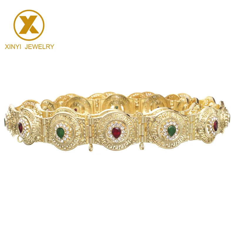 

Free shipping consignment of popular Moroccan kaftan wedding gold rhinestone metal belt for women