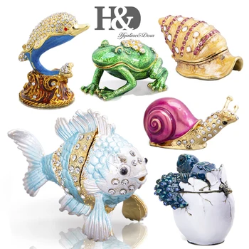 

H&D Hand Painted Enamel Animal Figurine Crystal Jeweled Hinged Trinket Boxes Decorative Jewelry Box Collectible Christmas Gift
