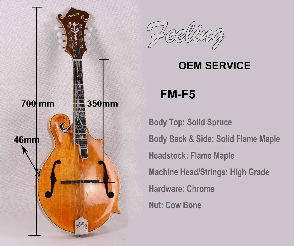 Чувство ручной работы F Стиль мандолины FM-F5 Прямая поставка с фабрики, OEM сервис твердая ель верхняя часть/задняя Дека из огненного клена и сторон