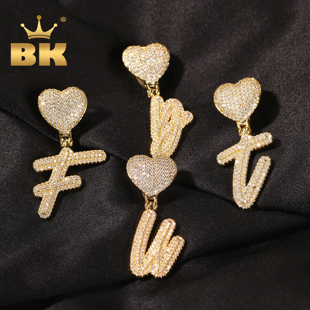 

THE BLING KING A-Z Double Layer Cursive Initial Letter With Heart Bail Pendant Necklace Iced Out CZ Charm HipHop Rapper Jewelry