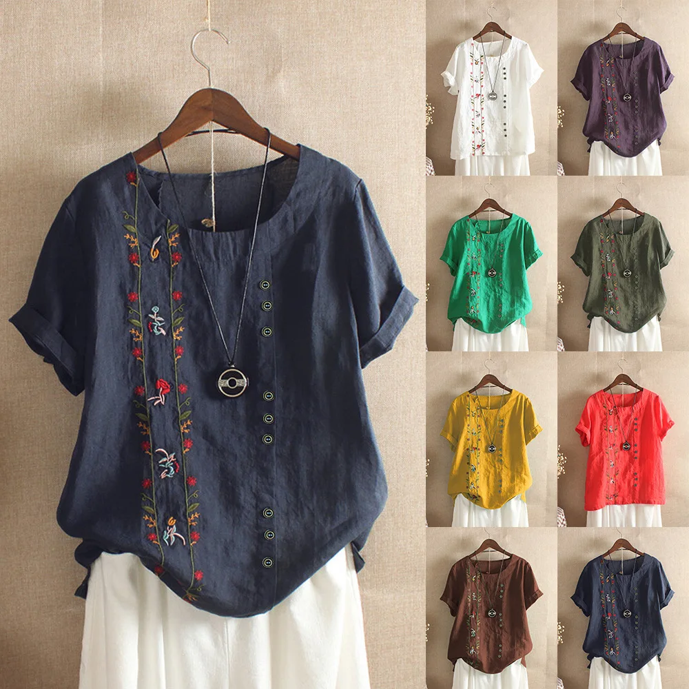 Women Cotton Linen Tshirts Japan Style Harajuku Floral Embroidery