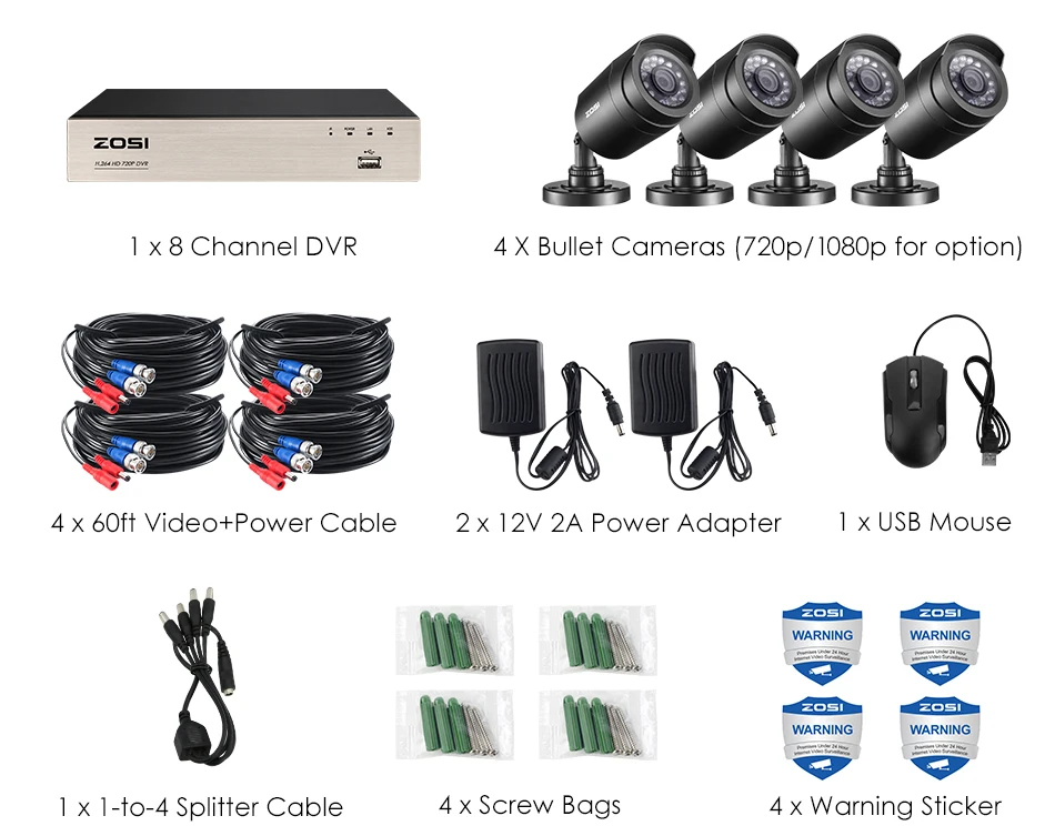 ZOSI 8CH CCTV система 4 шт 720 p/1080 p наружная Водонепроницаемая камера безопасности DVR комплект День/Ночь домашняя система видеонаблюдения