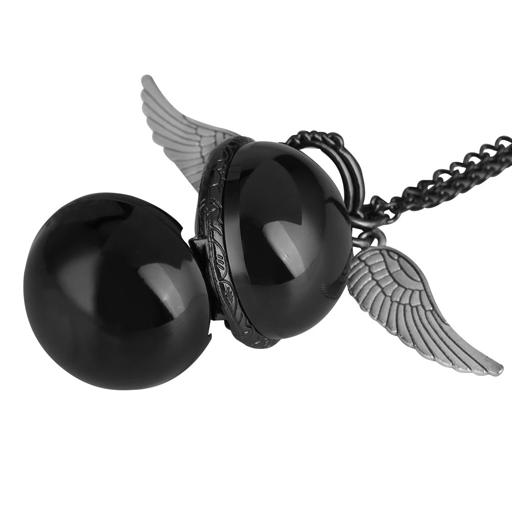 Classic Black Ball Shaped Wings Pocket Watch for Women Distinct Arabic Numerals Pocket Watches Analog Quartz Pendant Watch
