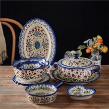 Small Floral Ceramic Tableware Polish Style Vintage Hand-Painted Dish Dim Sum Plate Salad Bowl Binaural Bowl Kitchen Accessories