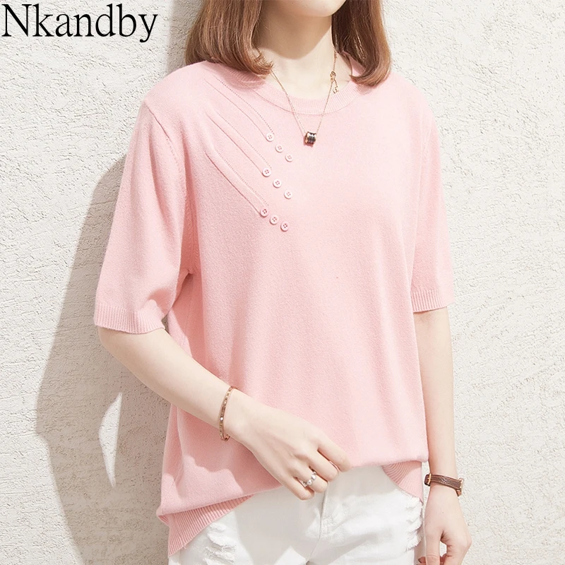 

Plus Size Knitted Tops Tee 2020 Spring Summer Women Fashion Casual Loose Short Sleeve T-shirt Oversize Button Knit Wear Tshirt