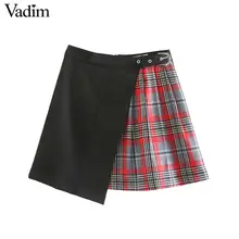 Vadim Женская шикарная клетчатая мини-юбка в стиле пэчворк с застежкой-молнией сзади, необычный дизайн, стильные женские повседневные асимметричные юбки BA866