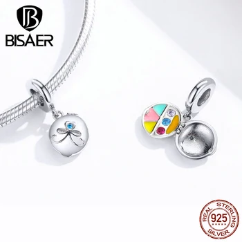 

BISAER Opened & Closed Pendant Sterling Silver 925 Cosmetic Box Beads Colorful Enamel Charms for Making Jewelry HVC181