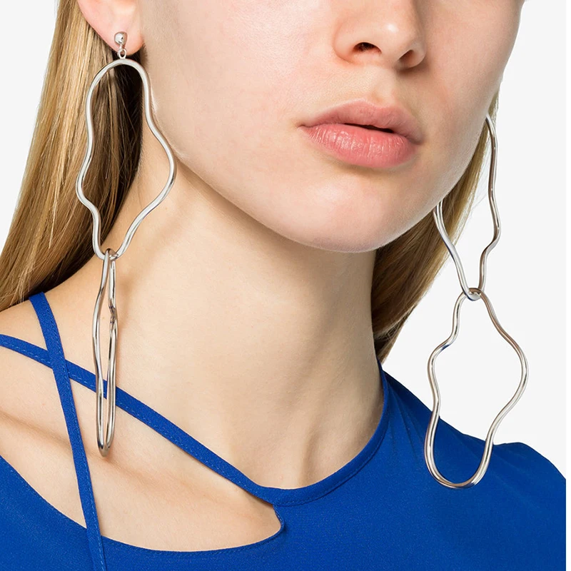 

Punk Irregular Abstract Hollow Oversize Long Earrings For Ladies Geometric Gold Silver Metal Drop Earrings Big Simple